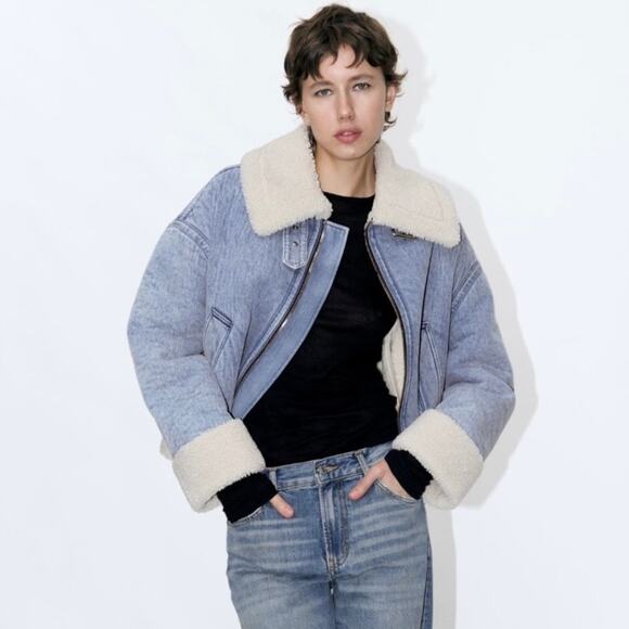 ZARA NEW FAUX SHEARLING BIKER JACKET MOTO DENIM BLUE M MEDIUM 3548/250 - Picture 11 of 16